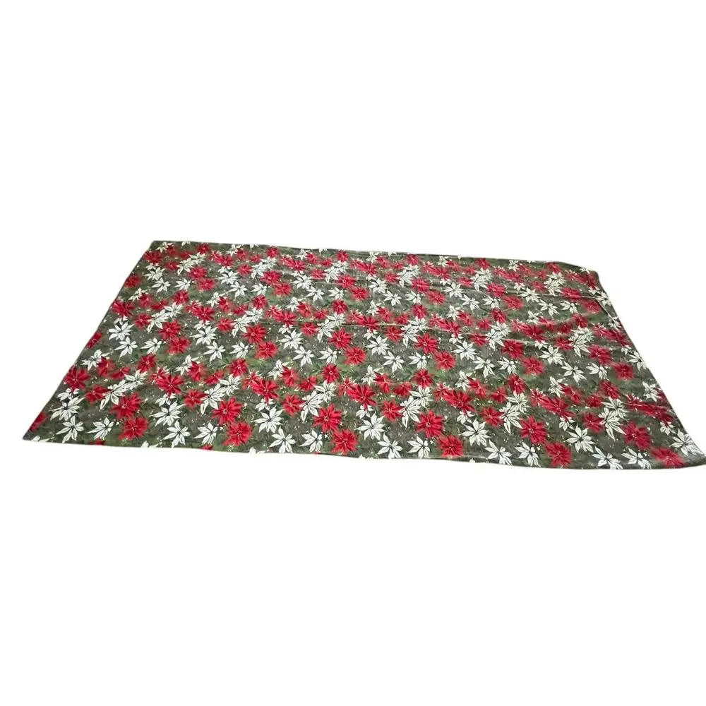 Vintage Christmas Poinsettias & Pinecones Red Green Fabric Tablecloth 50x103